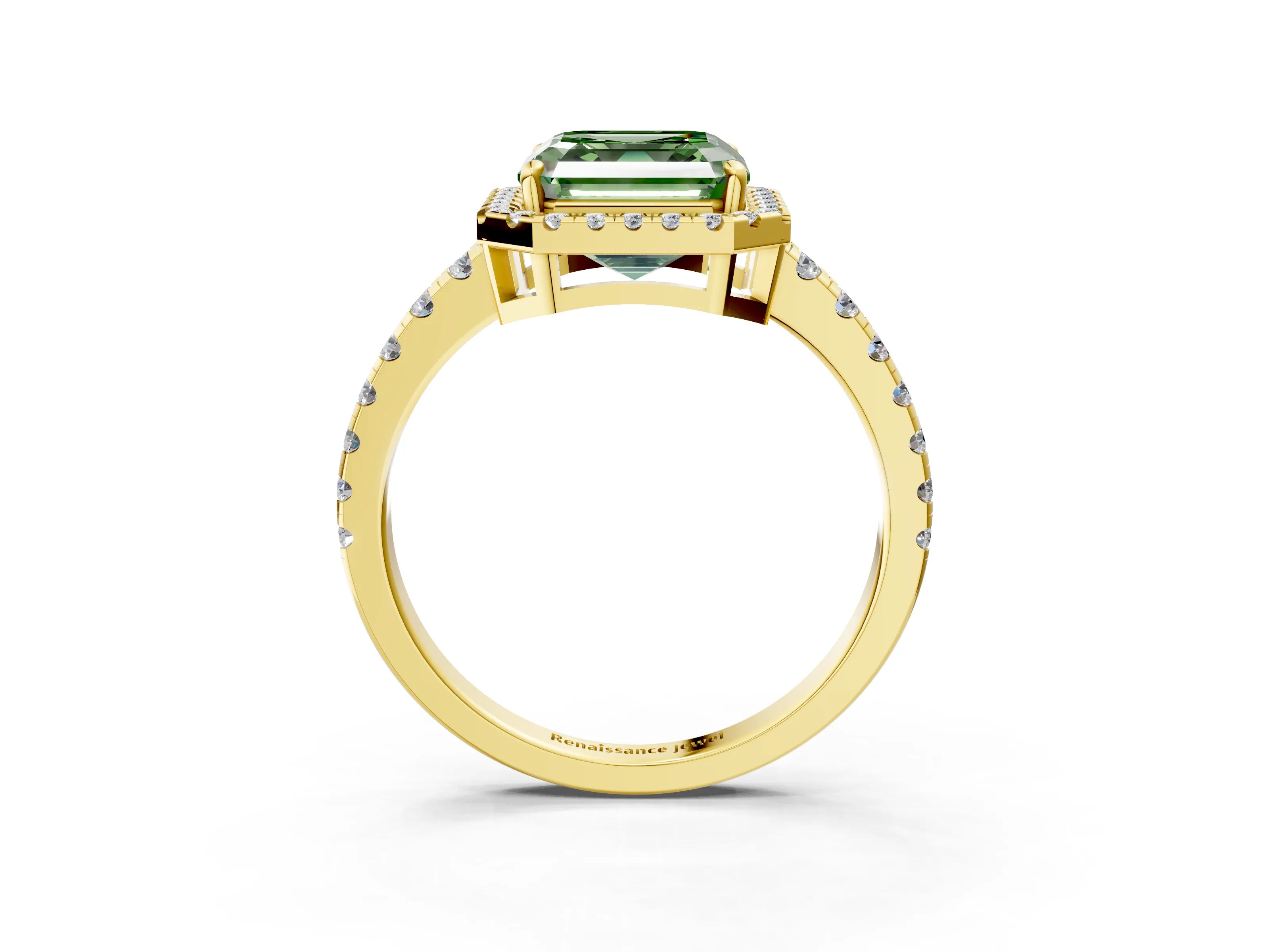 Yellow gold Fancy Green Asscher Cut Diamond Halo Ring with Pavé Band and Four-Prong Setting_3