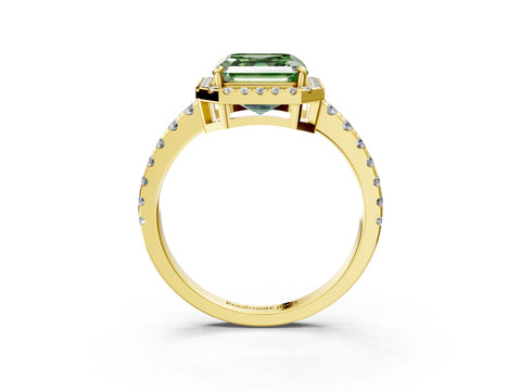 Yellow gold Fancy Green Asscher Cut Diamond Halo Ring with Pavé Band and Four-Prong Setting_3