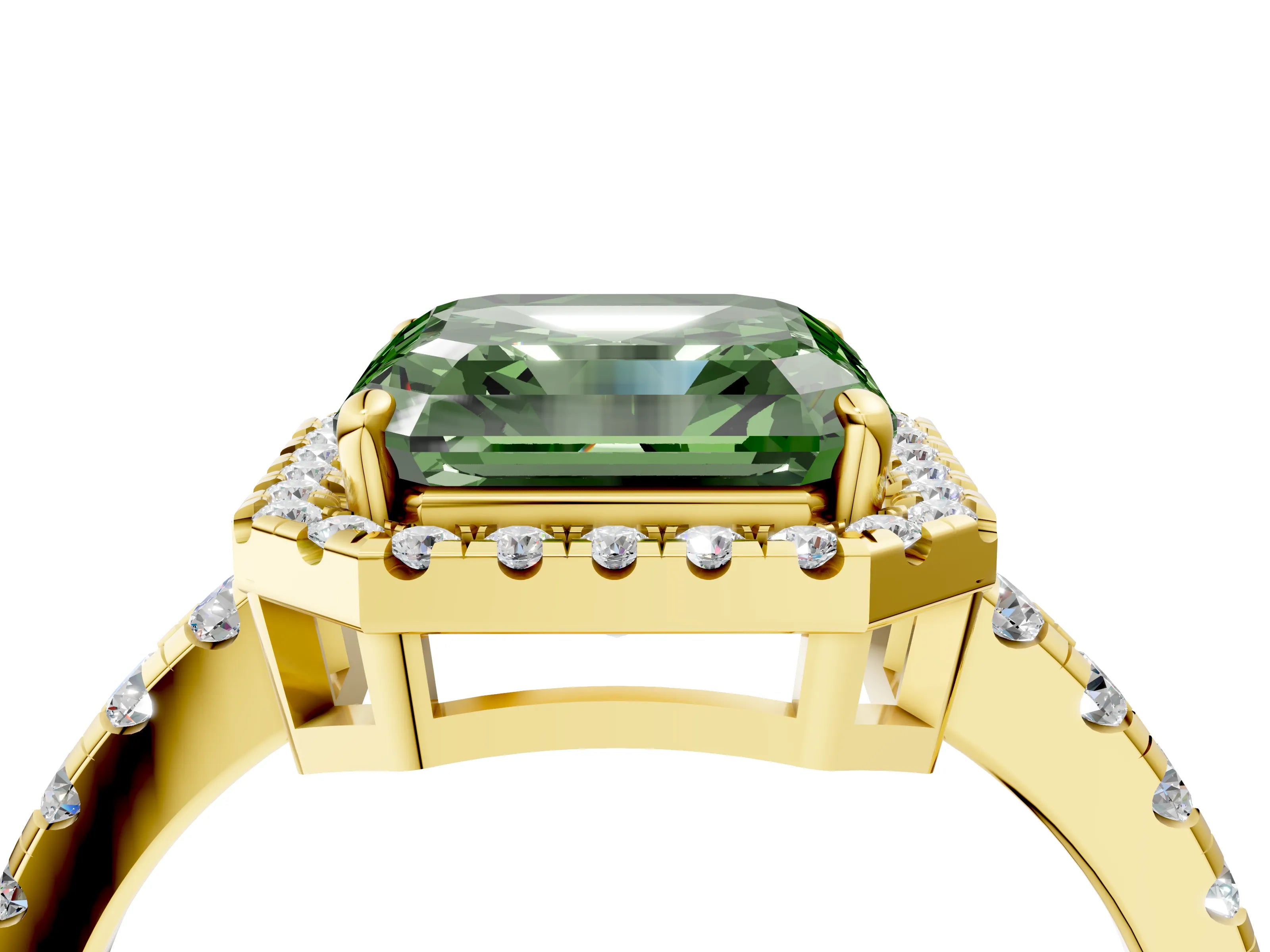 Yellow gold Fancy Green Asscher Cut Diamond Halo Ring with Pavé Band and Four-Prong Setting_4