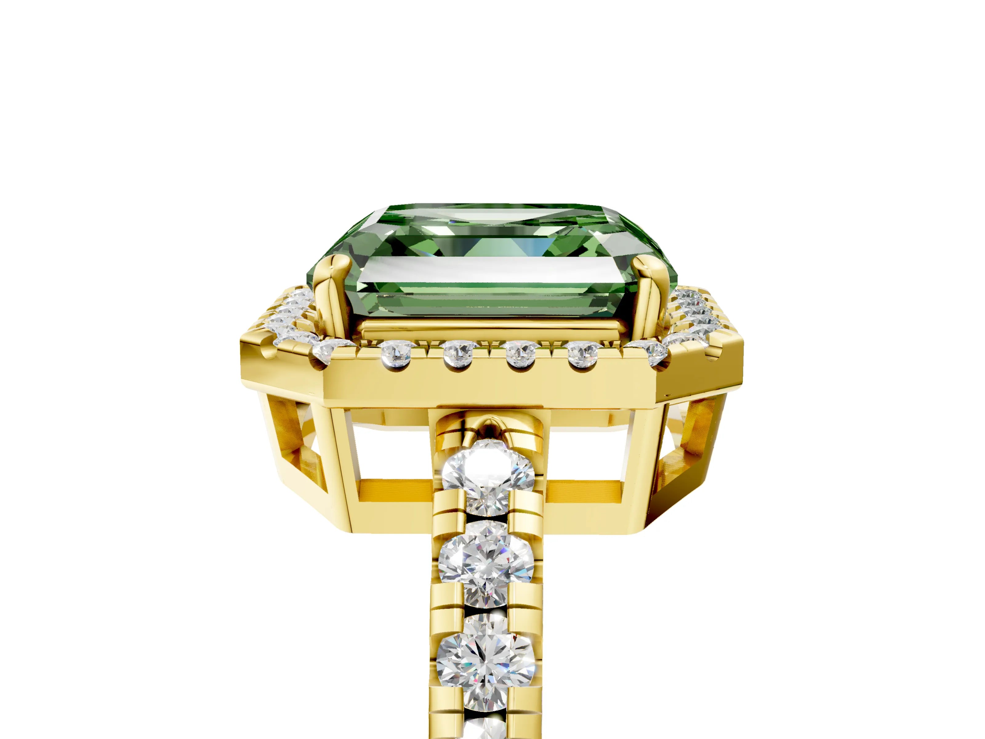 Yellow gold Fancy Green Asscher Cut Diamond Halo Ring with Pavé Band and Four-Prong Setting_5