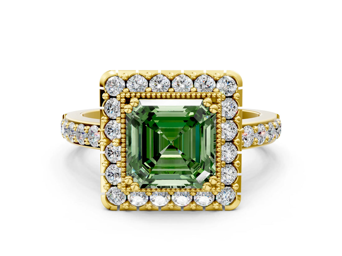 Yellow gold Fancy Green Asscher Cut Diamond Halo Ring with Pavé Band and Prong Setting