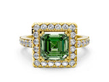 Yellow gold Fancy Green Asscher Cut Diamond Halo Ring with Pavé Band and Prong Setting