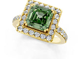 Yellow gold Fancy Green Asscher Cut Diamond Halo Ring with Pavé Band and Prong Setting_1