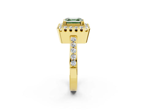 Yellow gold Fancy Green Asscher Cut Diamond Halo Ring with Pavé Band and Prong Setting_2