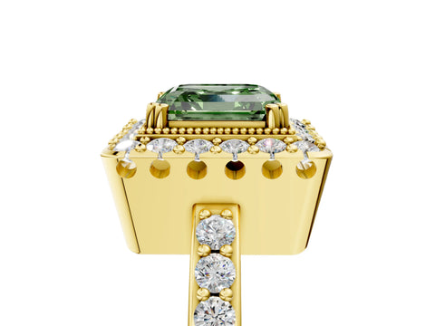 Yellow gold Fancy Green Asscher Cut Diamond Halo Ring with Pavé Band and Prong Setting_5
