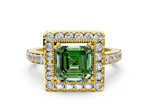 Yellow gold Fancy Green Asscher Cut Diamond Halo Ring with Pavé Band and Prong Setting