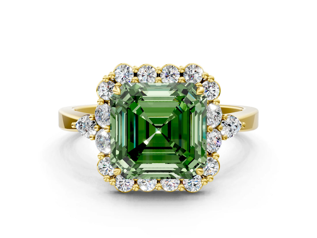 Yellow gold Fancy Green Asscher Cut Diamond Halo Ring with Pear Side Stones and Prong Setting_34