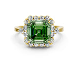 Yellow gold Fancy Green Asscher Cut Diamond Halo Ring with Pear Side Stones and Prong Setting_34