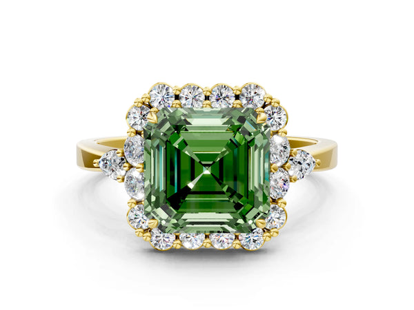 Yellow Gold Asscher Cut Halo Engagement Ring Setting for Fancy Green Center with Pear Accents