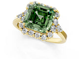 Yellow gold Fancy Green Asscher Cut Diamond Halo Ring with Pear Side Stones and Prong Setting_35