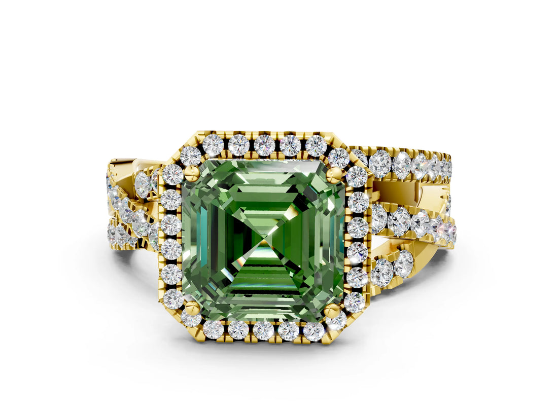 Yellow gold Fancy Green Asscher Cut Diamond Halo Ring with Round Split Shank and Prong Setting_48