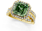 Yellow gold Fancy Green Asscher Cut Diamond Halo Ring with Round Split Shank and Prong Setting_49