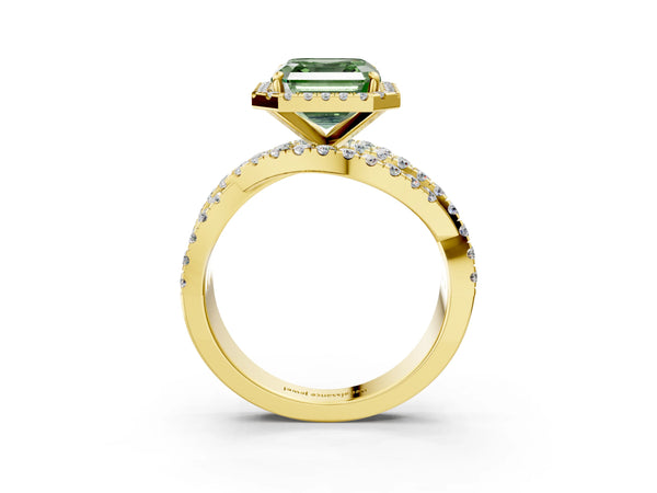 Yellow Gold Asscher Cut Halo Twist Engagement Ring Setting for Fancy Green Center
