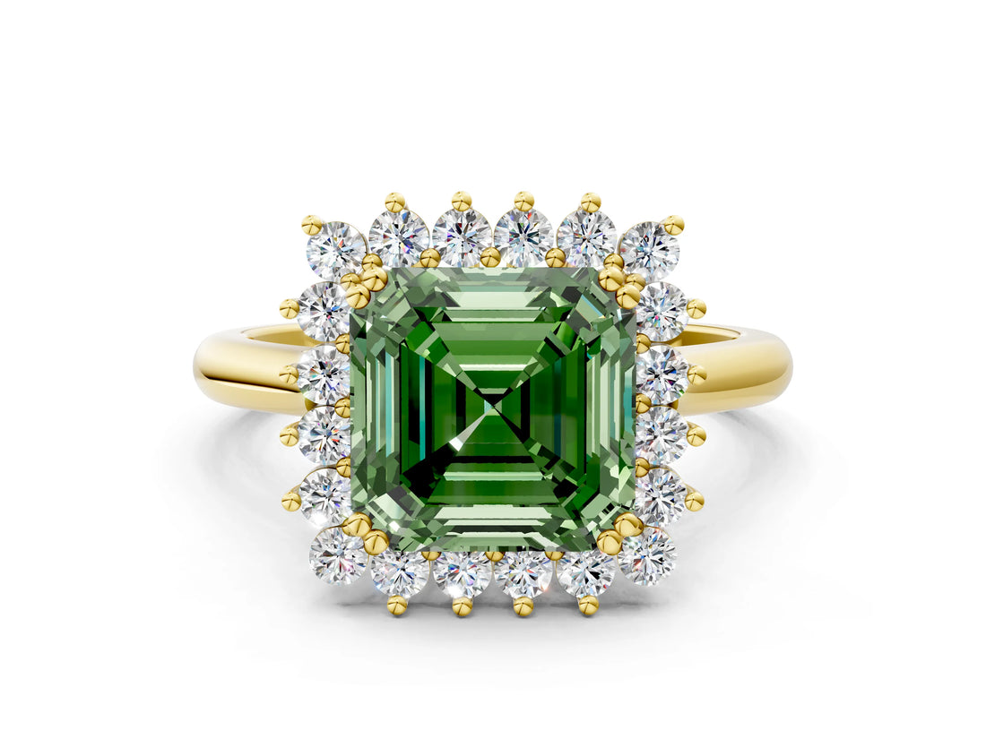 Yellow gold Fancy Green Asscher  Cut Diamond Halo Ring with Solitaire Band and Prong Setting_46