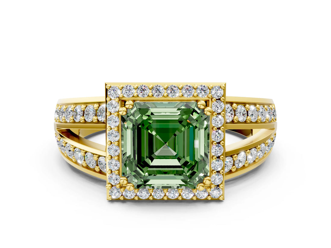 Yellow gold Fancy Green Asscher Cut Diamond Halo Ring with Split Shank Pavé Band and Four-Prong Setting