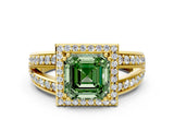 Yellow gold Fancy Green Asscher Cut Diamond Halo Ring with Split Shank Pavé Band and Four-Prong Setting
