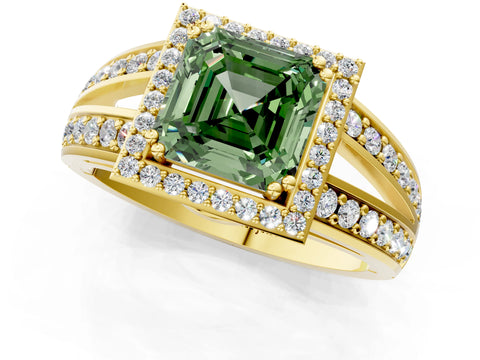 Yellow gold Fancy Green Asscher Cut Diamond Halo Ring with Split Shank Pavé Band and Four-Prong Setting_1