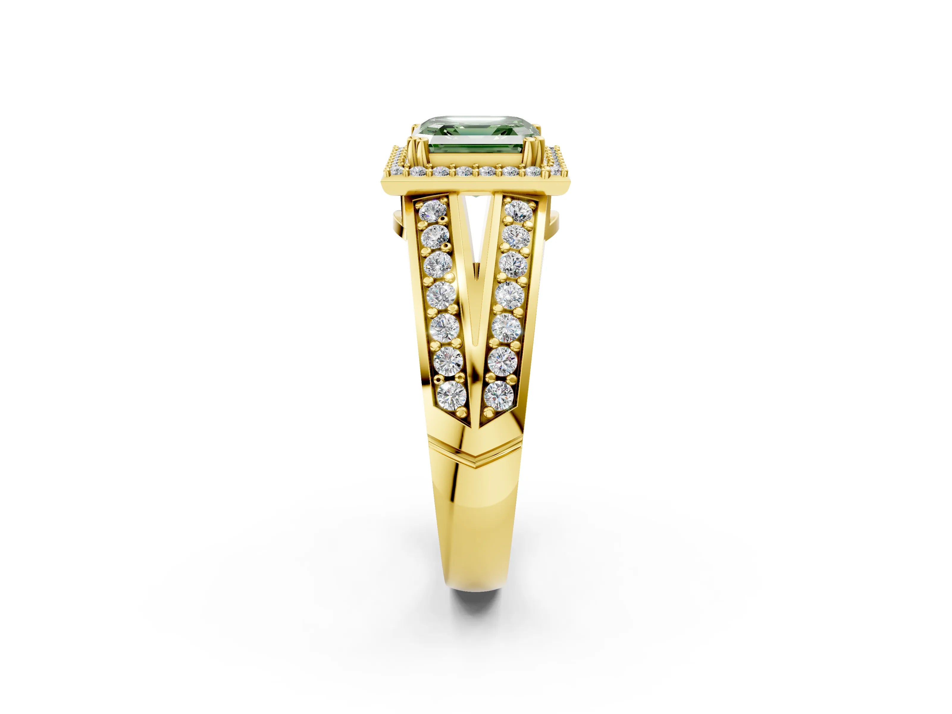 Yellow gold Fancy Green Asscher Cut Diamond Halo Ring with Split Shank Pavé Band and Four-Prong Setting_2
