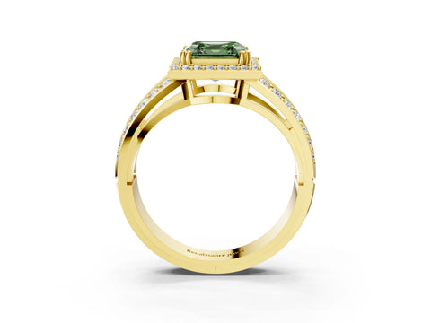Yellow gold Fancy Green Asscher Cut Diamond Halo Ring with Split Shank Pavé Band and Four-Prong Setting_3