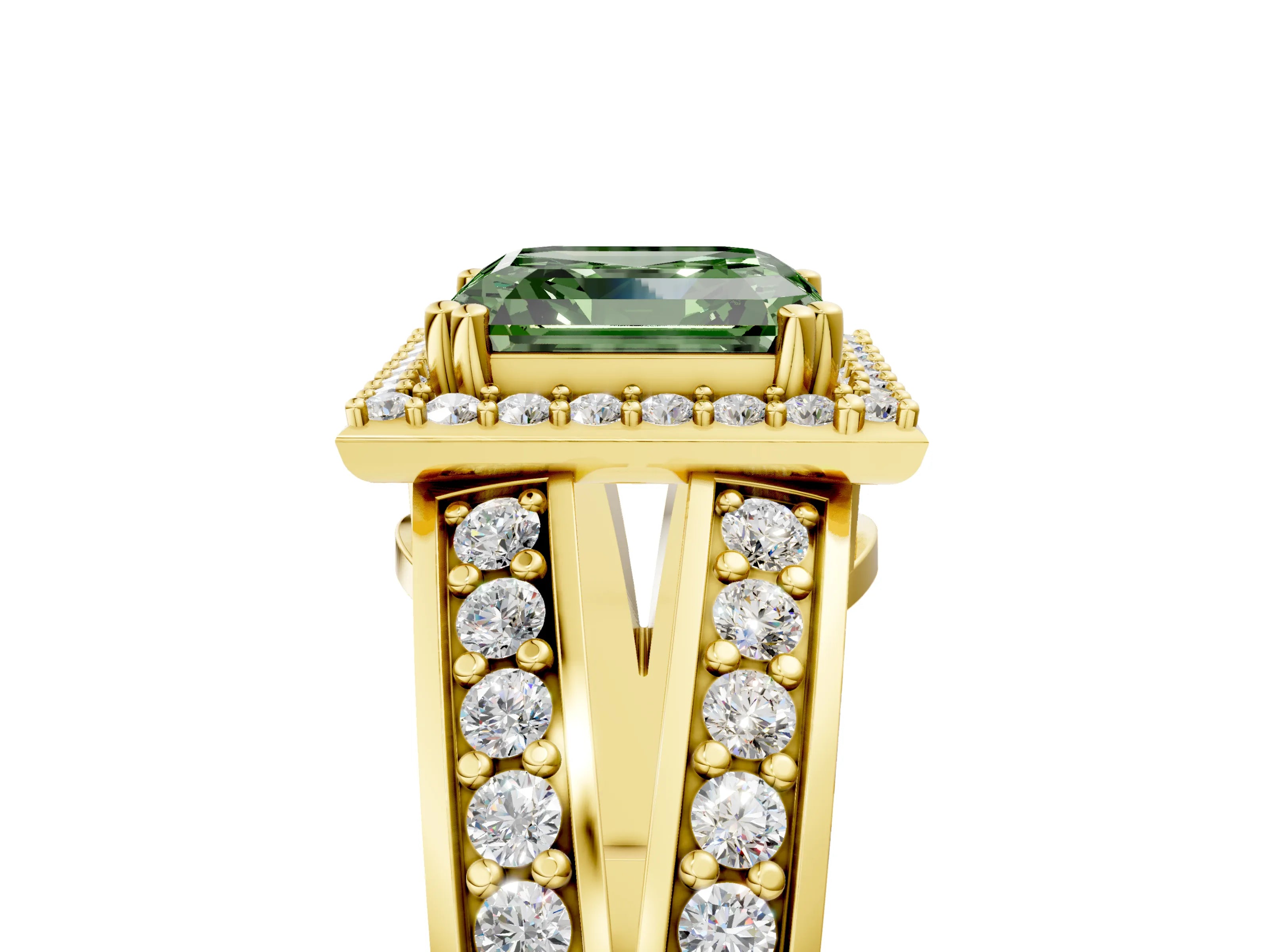 Yellow gold Fancy Green Asscher Cut Diamond Halo Ring with Split Shank Pavé Band and Four-Prong Setting_5