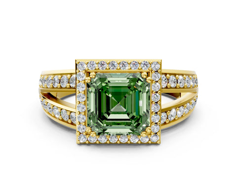 Yellow gold Fancy Green Asscher Cut Diamond Halo Ring with Split Shank Pavé Band and Four-Prong Setting