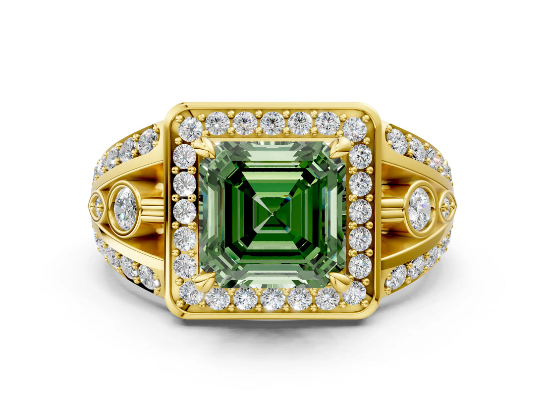 Yellow gold Fancy Green Asscher Cut Diamond Halo Ring with Split Shank and Bezel Accents and Four-Prong Setting