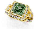 Yellow gold Fancy Green Asscher Cut Diamond Halo Ring with Split Shank and Bezel Accents and Four-Prong Setting_1