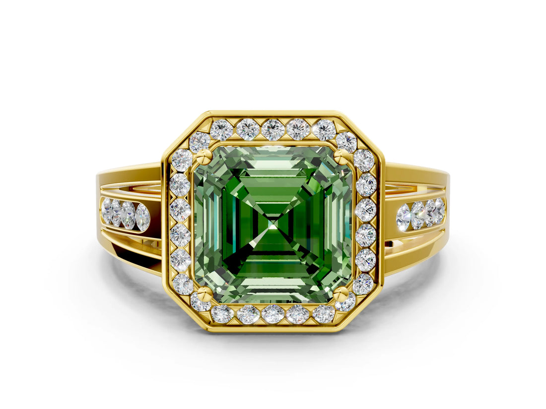 Yellow gold Fancy Green Asscher Cut Diamond Halo Ring with Split Shank and Bezel Accents and Prong Setting
