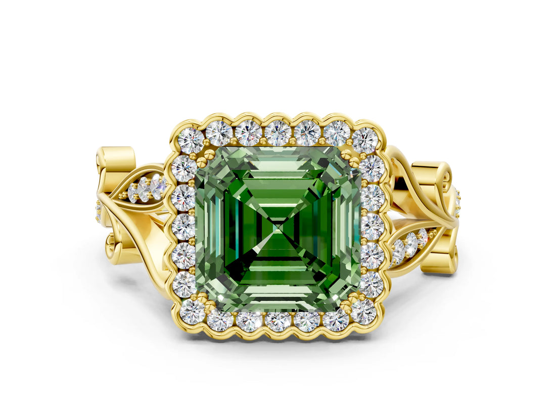 Yellow gold Fancy Green Asscher Cut Diamond Halo Ring with Vintage Split Shank and Four-Prong Setting_35