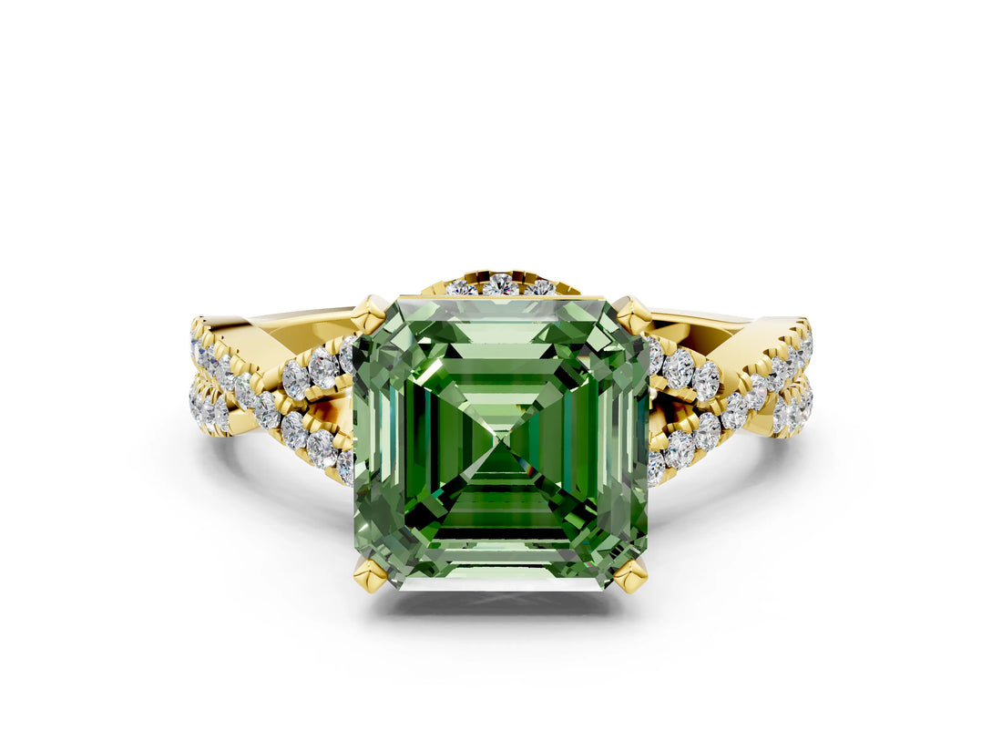 Yellow gold Fancy Green Asscher Cut Diamond  Halo Twist Band Solitaire Prong Setting Ring_42