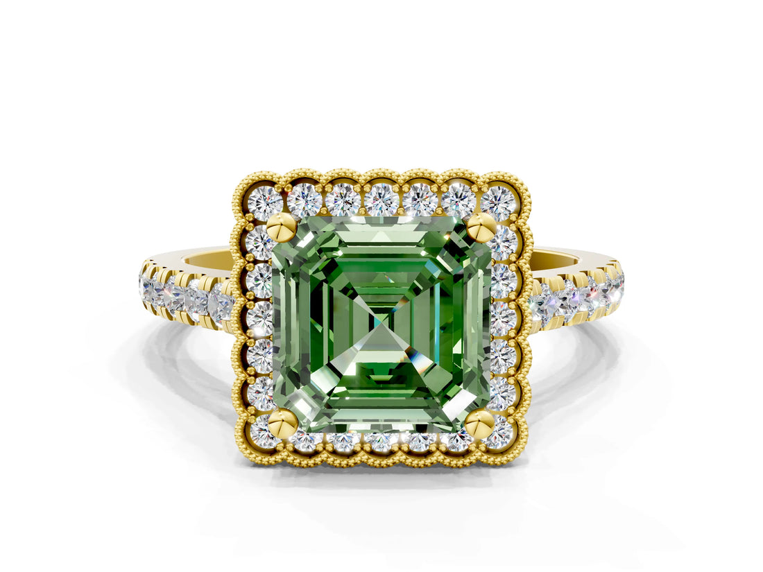 Yellow gold Fancy Green Asscher  Cut Diamond Milgrain Floral Halo Engagement Ring with Pavé Band_15