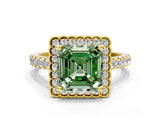Yellow gold Fancy Green Asscher  Cut Diamond Milgrain Floral Halo Engagement Ring with Pavé Band_15