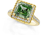 Yellow gold Fancy Green Asscher  Cut Diamond Milgrain Floral Halo Engagement Ring with Pavé Band_16