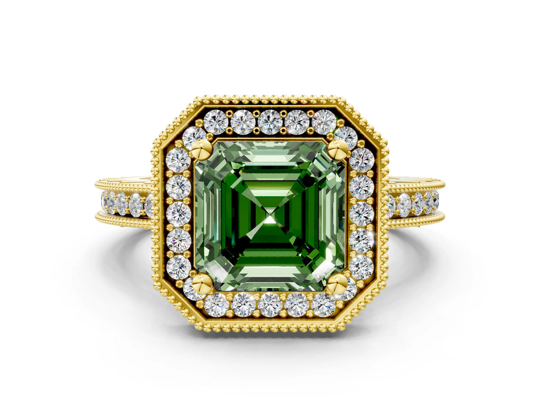 Yellow gold Fancy Green Asscher Cut Diamond Milgrain Halo Engagement Ring with Round Pavé Band and Prong Setting_12