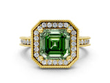 Yellow gold Fancy Green Asscher Cut Diamond Milgrain Halo Engagement Ring with Round Pavé Band and Prong Setting_12