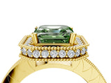Yellow gold Fancy Green Asscher Cut Diamond Milgrain Halo Engagement Ring with Round Pavé Band and Prong Setting_16