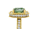 Yellow gold Fancy Green Asscher Cut Diamond Milgrain Halo Engagement Ring with Round Pavé Band and Prong Setting_17