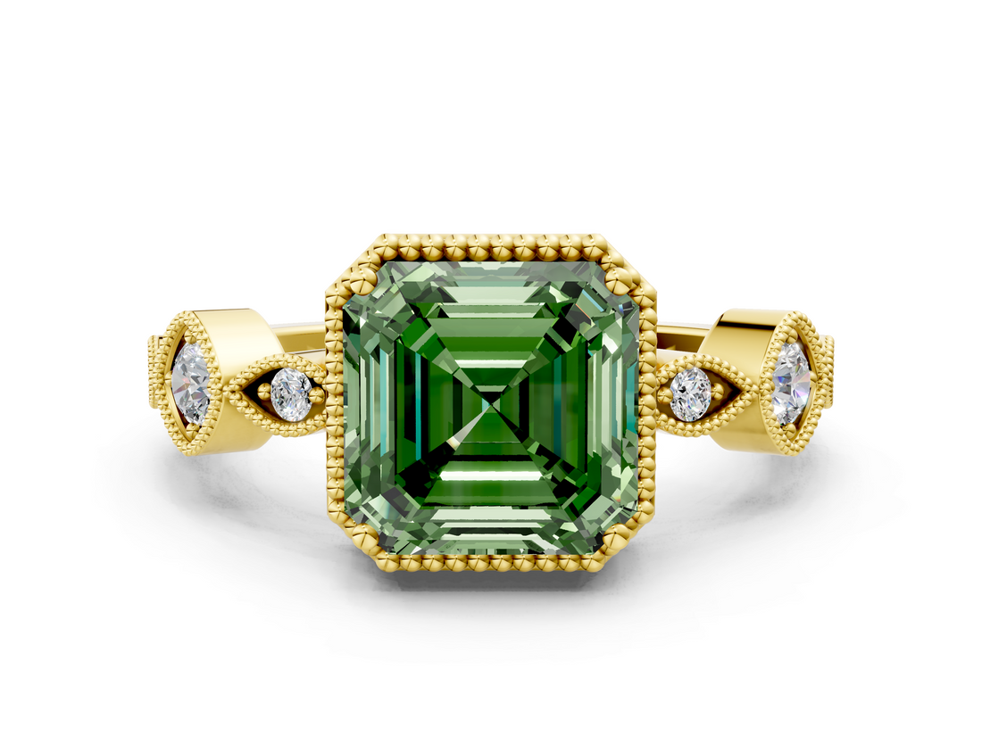 Yellow gold Fancy Green Asscher  Cut Diamond Milgrain Marquise Band with Prong Setting_3