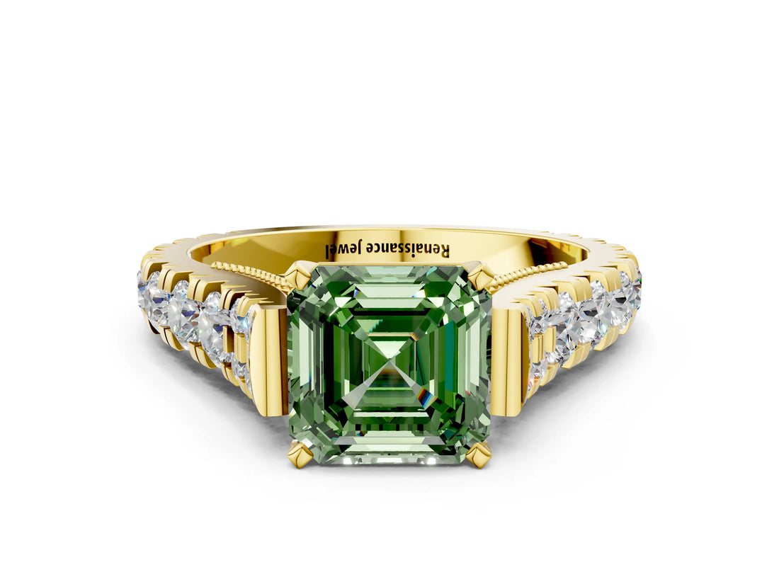 Yellow gold Fancy Green Asscher  Cut Diamond Pavé Band Solitaire with Four-Prong Setting_15