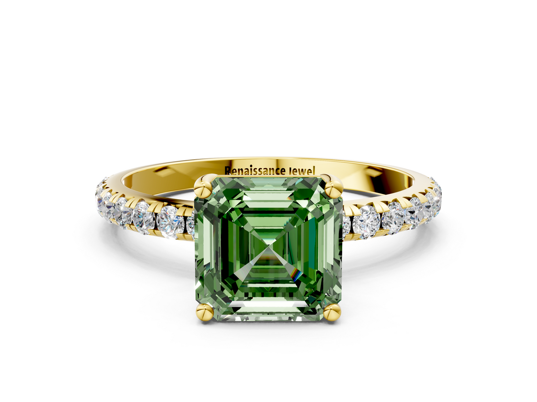 Yellow gold Fancy Green Asscher  Cut Diamond Pavé Band Solitaire with Four-Prong Setting_3