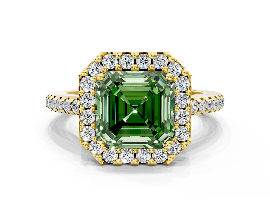 Yellow gold Fancy Green Asscher Cut Diamond Pavé Halo Ring with Four-Prong Setting_29