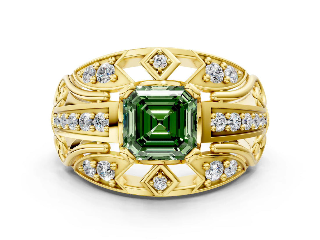 Yellow gold Fancy Green Asscher Cut Diamond Pave Art Deco Split Shank Ring with Four-Prong Setting