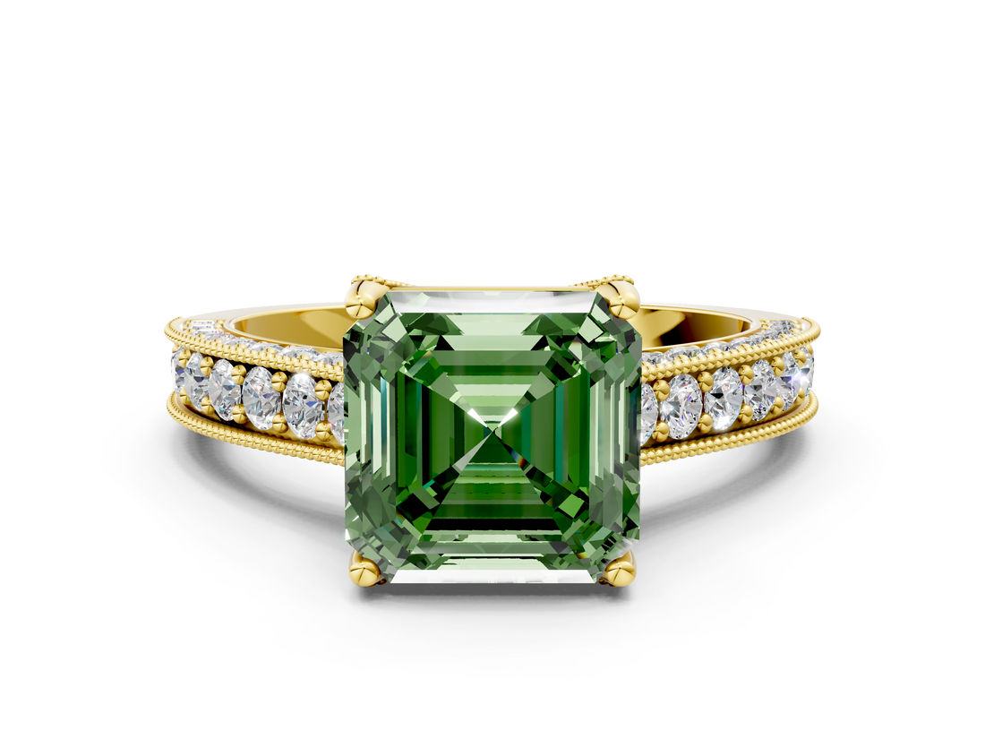 Yellow gold Fancy Green Asscher  Cut Diamond Pave Band with Four-Prong Setting_16