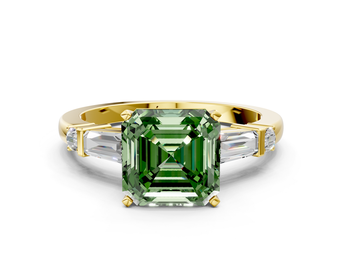 Yellow gold Fancy Green Asscher  Cut Diamond Ring with Baguette Side Stones, Channel Set Band, and Four-Prong Setting_16
