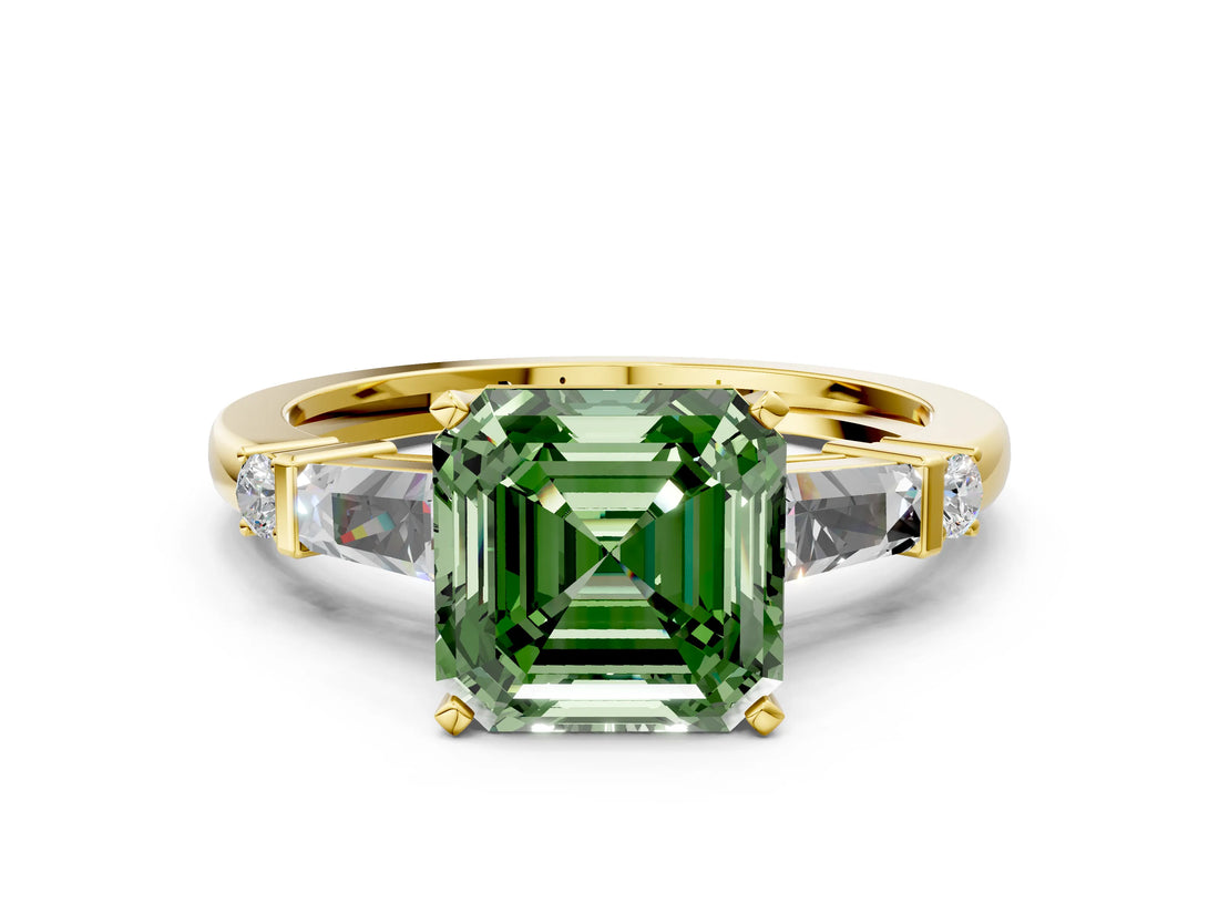 Yellow gold Fancy Green Asscher  Cut Diamond Ring with Baguette Side Stones, Channel Set Band, and Four-Prong Setting_24