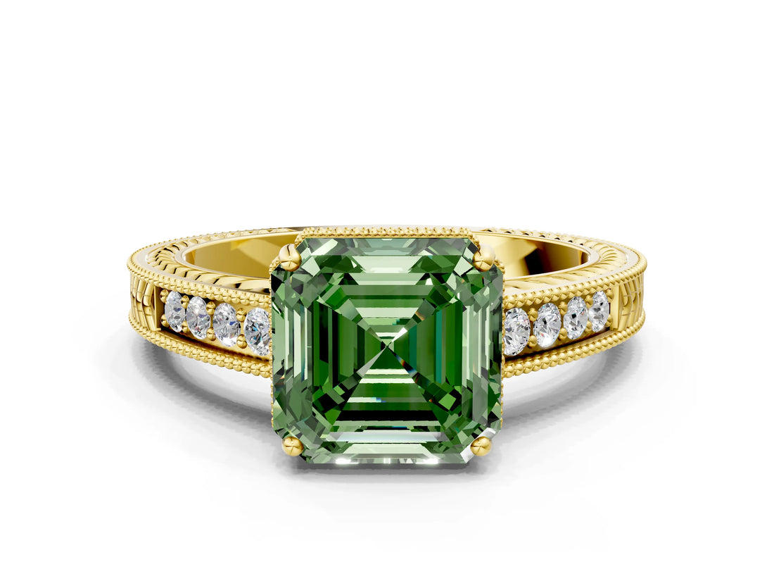 Yellow gold Fancy Green Asscher Cut Diamond Ring with Milgrain Pavé Band and Four-Prong Setting_20