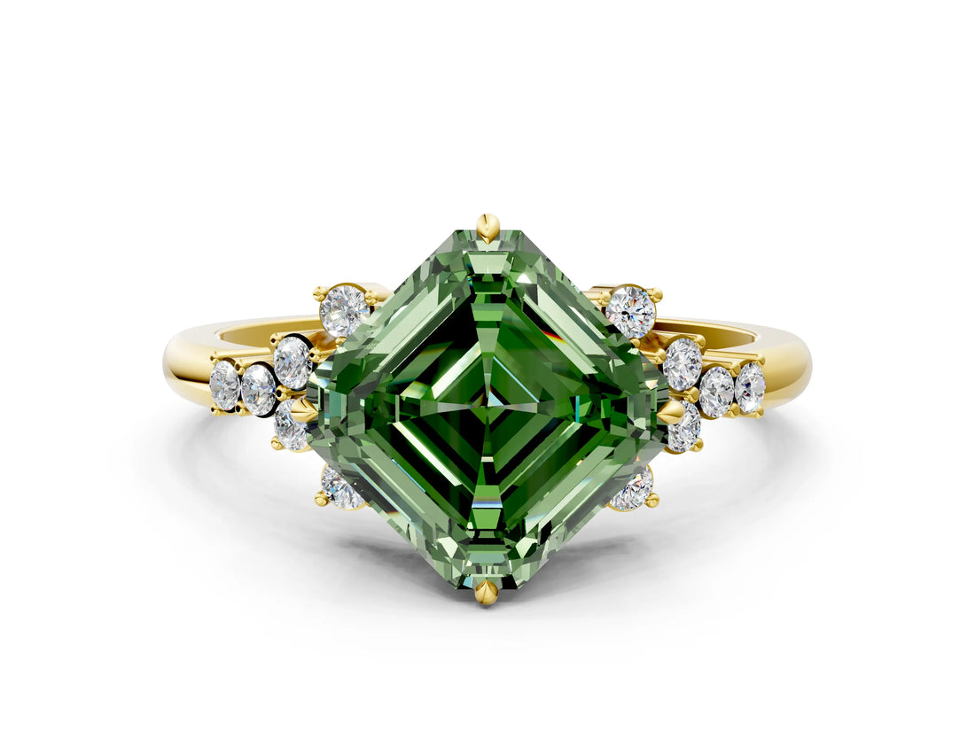 Yellow gold Fancy Green Asscher Cut Diamond Ring with Side Stones and Four-Prong Setting_58
