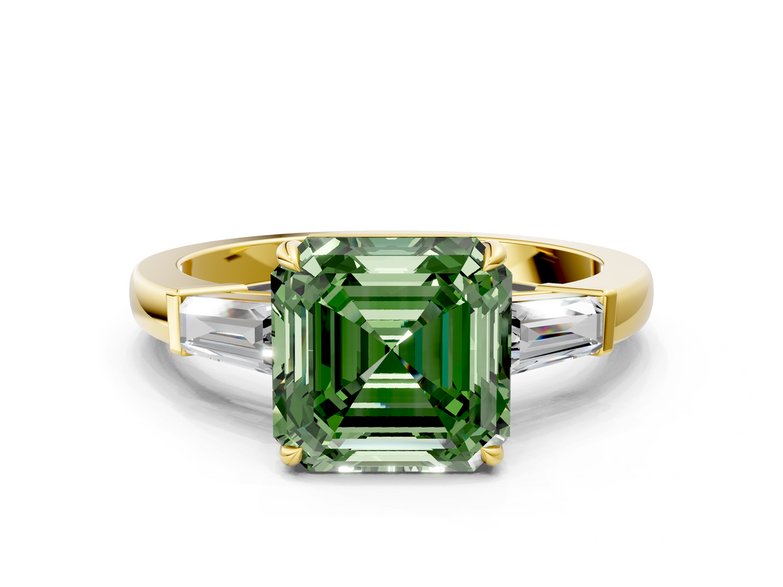 Yellow gold Fancy Green Asscher  Cut Diamond Ring with Tapered Baguette Side Stones in Four-Prong Setting