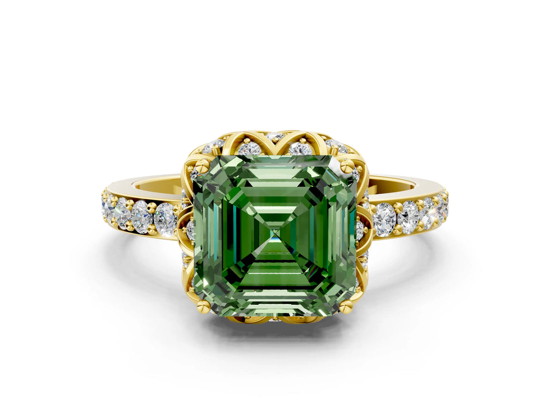 Yellow gold Fancy Green Asscher Cut Diamond Scalloped Halo Engagement Ring with Round Shared Prong Band_12