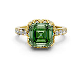 Yellow gold Fancy Green Asscher Cut Diamond Scalloped Halo Engagement Ring with Round Shared Prong Band_12